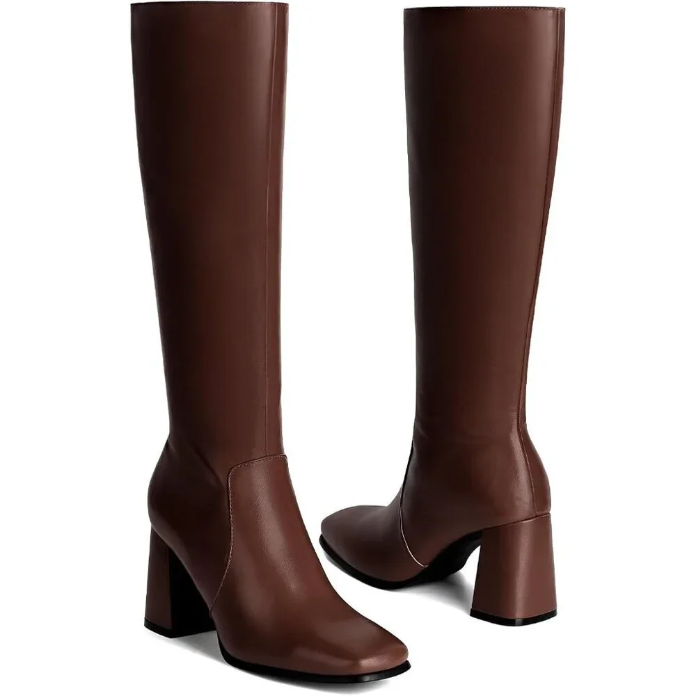 Women's Brown 3.35-inch Square Toe Knee High Boots Chunky Block Heel Tall